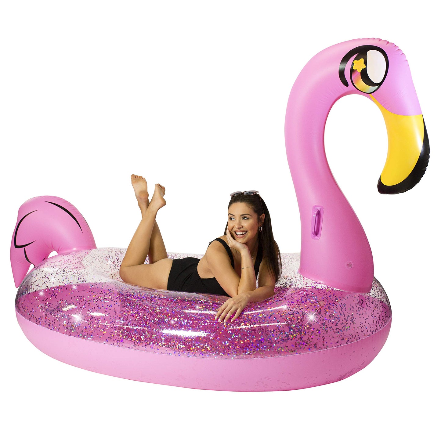 Poolcandy Gigantic Inflatable Pool Raft for 2-3 People, Pink Glitter Flamingo, 3X-Large, PVC Material, Model PC1810GF