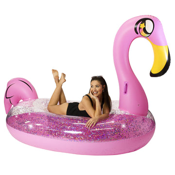 Poolcandy Gigantic Inflatable Pool Raft for 2-3 People, Pink Glitter Flamingo, 3X-Large, PVC Material, Model PC1810GF