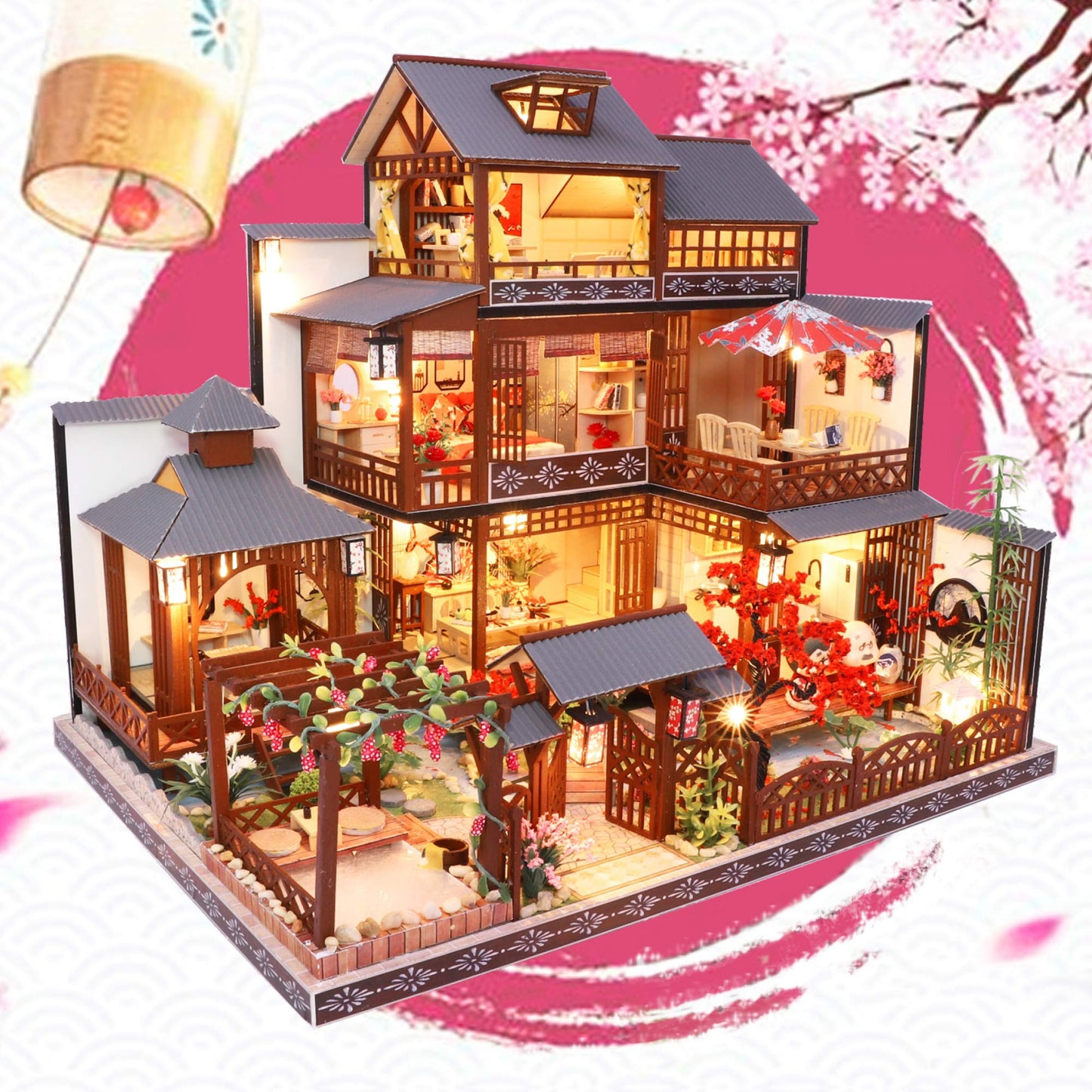 Spilay DIY Dollhouse Miniature with Wooden Furniture DIY Dollhouse Kit Big Japanese Courtyard Model with LED & Music Box 1:24 Scale Creative Room Gift Idea for mature-themed Friend Lover (Yaquan Courtyard)