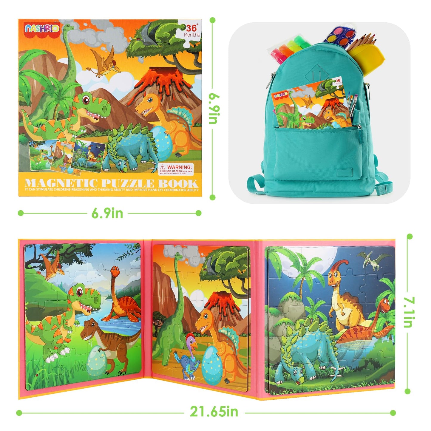 Magnetic Puzzles For Kids Ages 4-6, 20-Piece Travel Toys Dinosaur Toddler Puzzles Ages 2-4, Educational Learning Magnets, Ideal Road Trip Activities Toys For 2 3 4 5 6 Boys And Girls