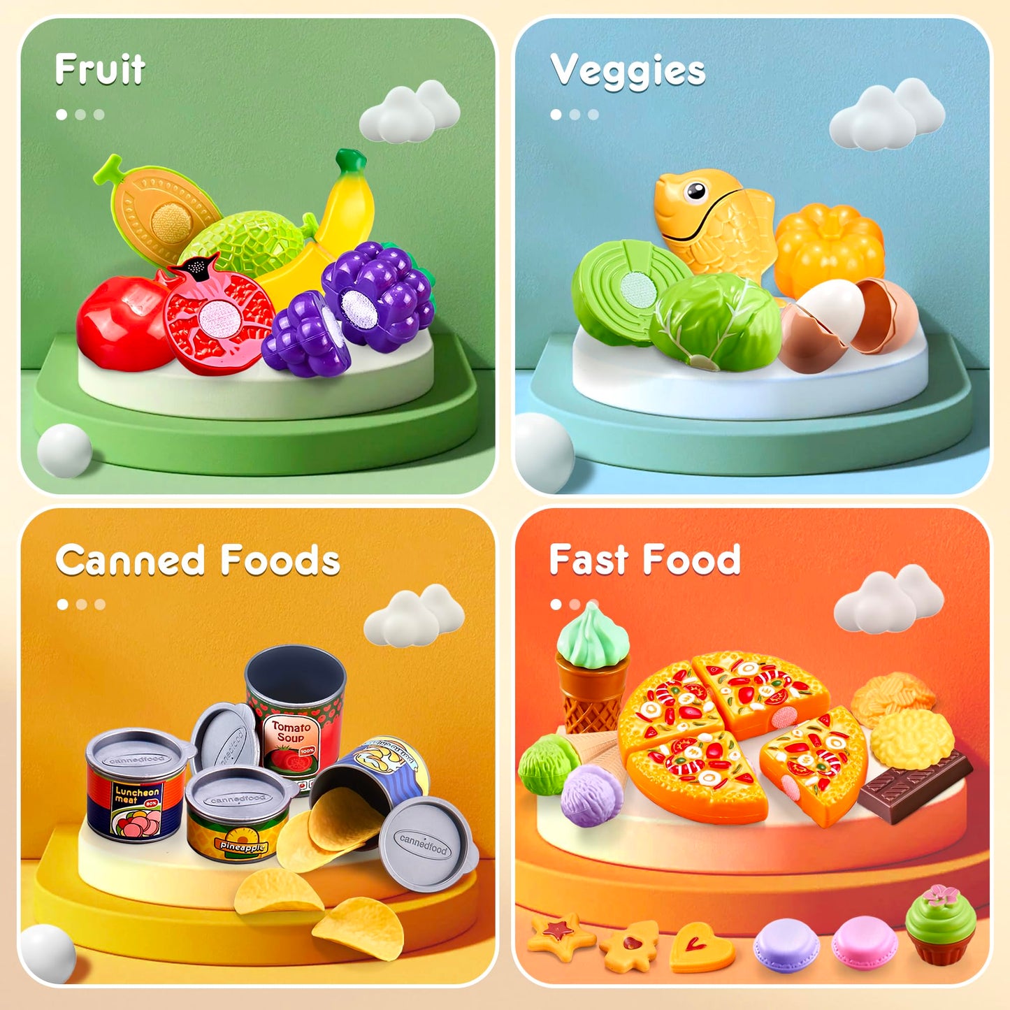 DawnReach Play Food Sets for Kids Kitchen,66PCS Play Kitchen Accessories,Cutting Toy Food Kids Kitchen Accessories with Pizza,Fr