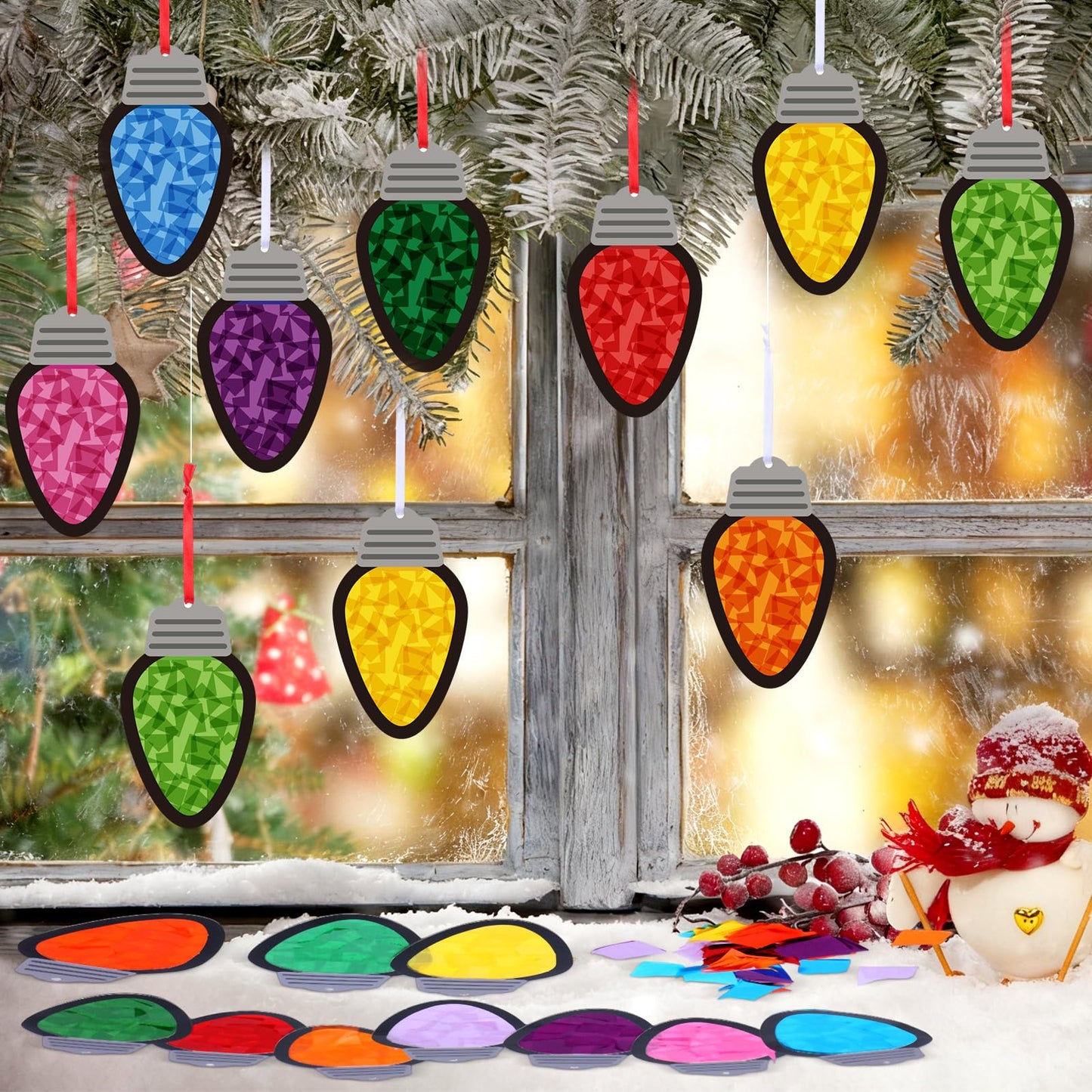 Funrous 32 Set Christmas C9 Lights Suncatchers Crafts Kit Xmas Colorful Light Bulbs Craft Tissue Paper Sign DIY Hanging Ornament