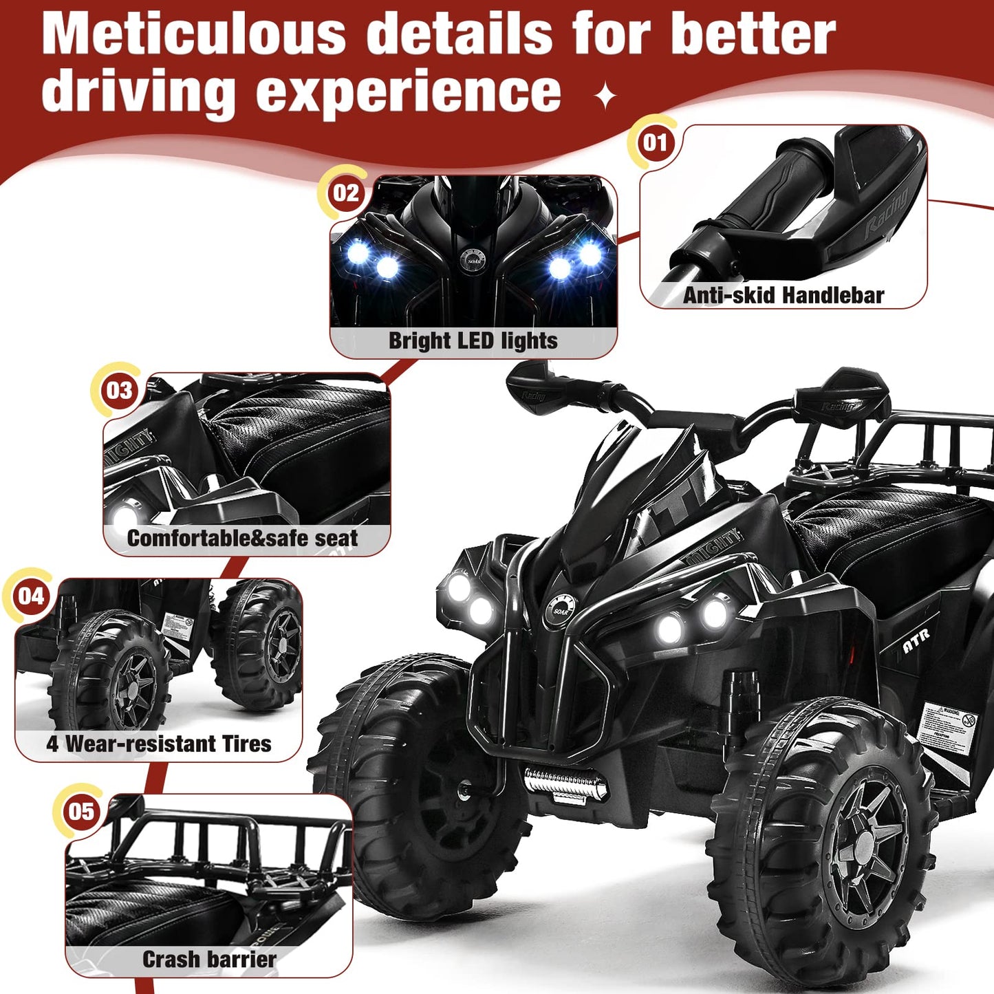 Soar Four Wheeler For Kids - Electirc Toddler 4 Wheeler For Kids 3-6, Ride On Atv 12V Battery Powered, Kids Quad With Led Lights, Music, High Low Speed, Usb/Tf, Treaded Tires, Black