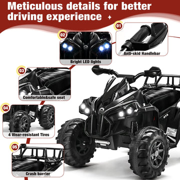 Soar Four Wheeler For Kids - Electirc Toddler 4 Wheeler For Kids 3-6, Ride On Atv 12V Battery Powered, Kids Quad With Led Lights, Music, High Low Speed, Usb/Tf, Treaded Tires, Black