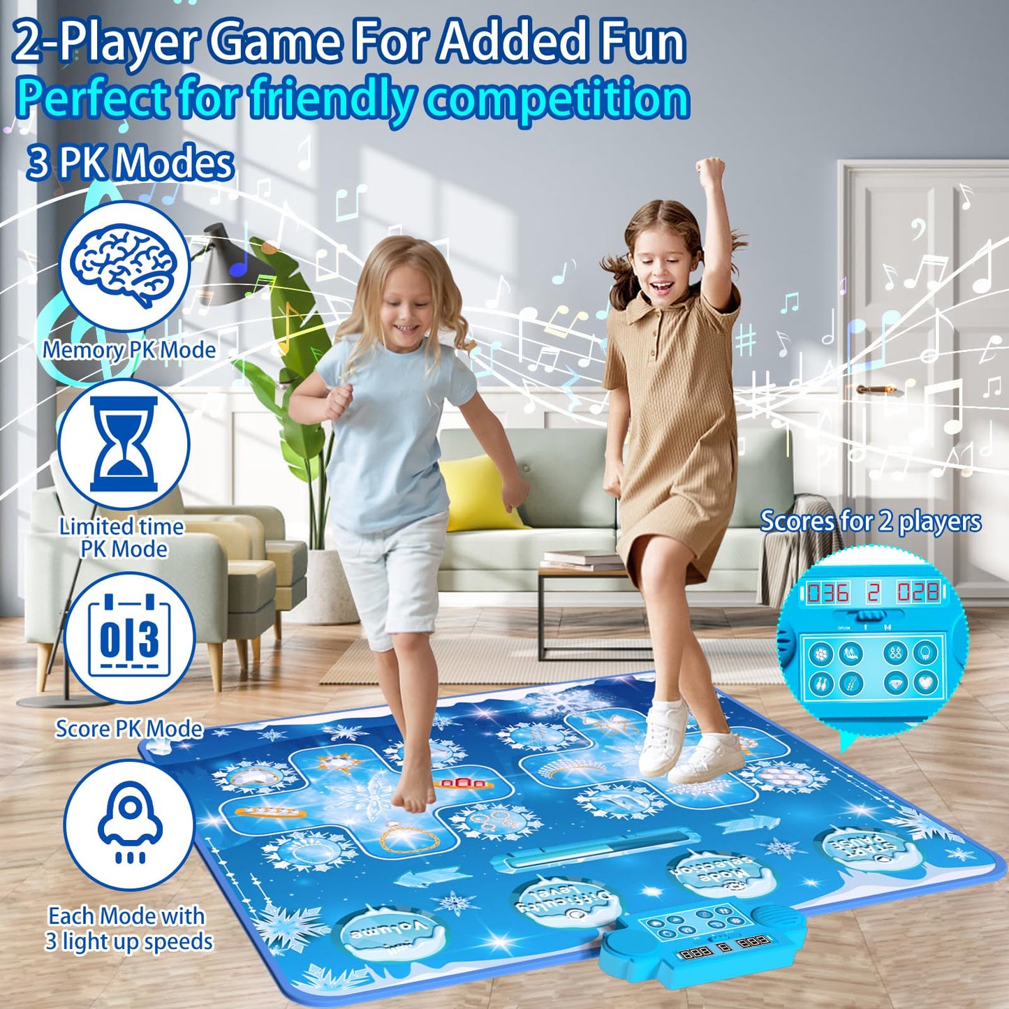 Joyvalley Kids Dance Mat Toys - 2-Player Dance Pad Gifts For Girls Boys Toddlers 3 4 5 6 7 8 9 + Year Old Electronic Dancing Mat Floor Games Toy With Music Light Christmas Birthday Gift (Frozen Blue)