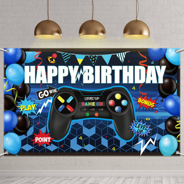 Blulu Video Game Happy Birthday Backdrop Game on Birthday Banner Level up Gaming Theme Party Background Photo Props for Party Wa