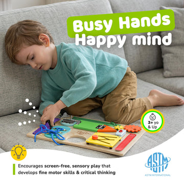deMoca Montessori Busy Board - Large Multicolored Wooden Sensory Toy for Toddlers with 10 Learning Activities