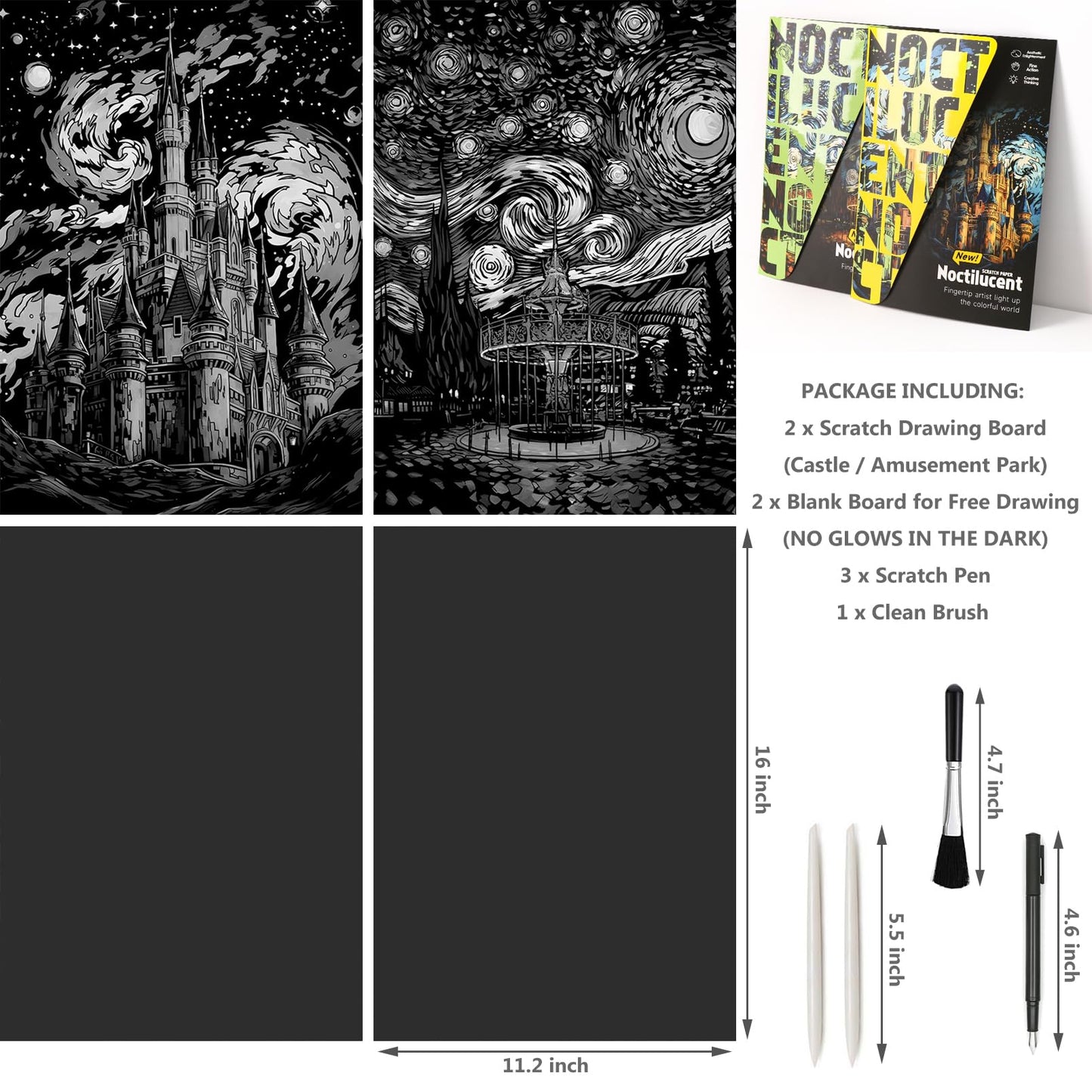 2 Pack Night Glow Scratch Art Rainbow Painting Paper, Magic Glow-in-the-Dark Scraping, Van Gogh Style Creative Craft Set, Fun DI