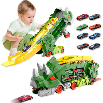 Hacocola Dinosaur Transporter Truck Foldable Sliding Race Track Toy With 8 Toy Cars For Kids Age 3 4 5 6 7 8 (Green)