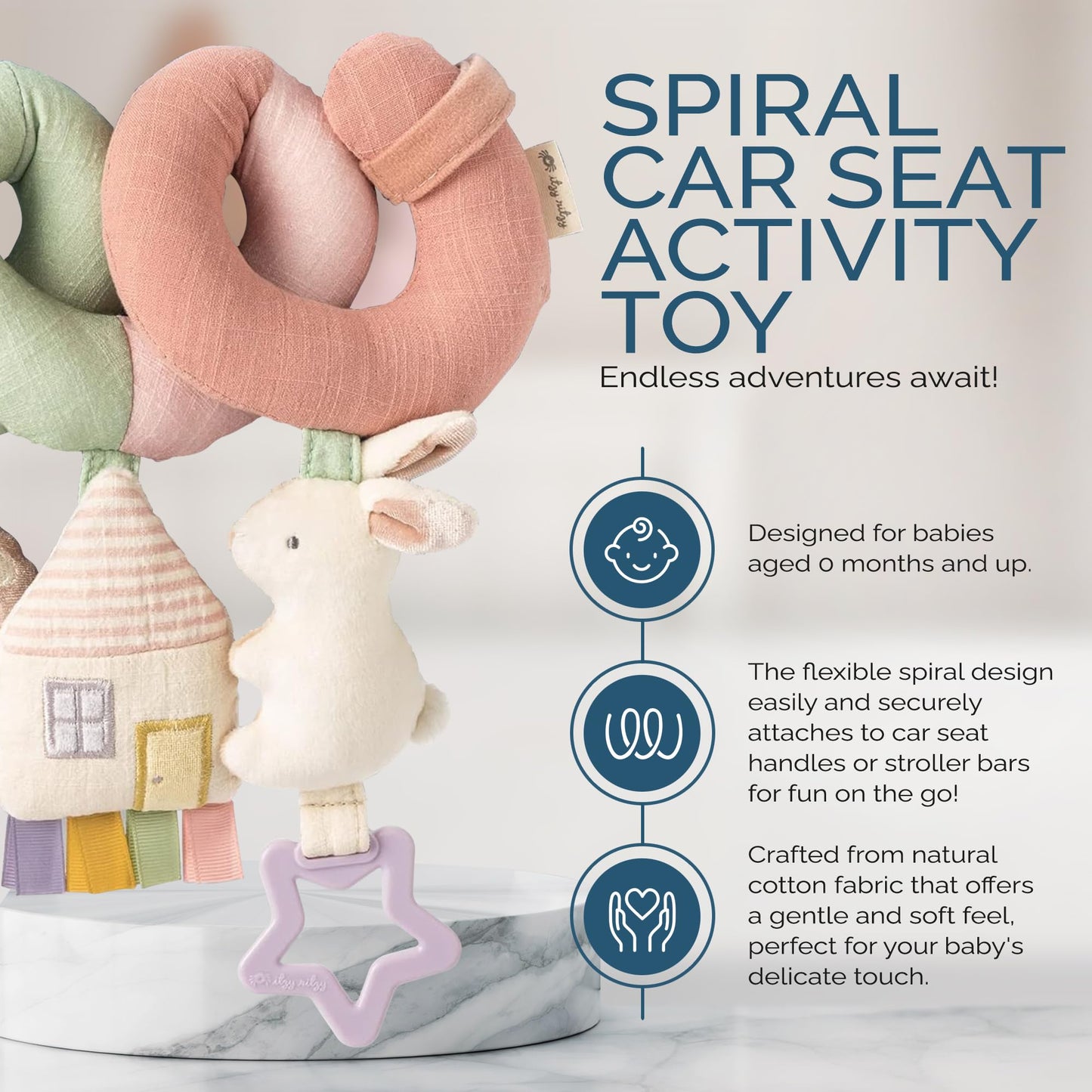 Itzy Ritzy Spiral Car Seat & Stroller Activity Toy - Stroller & Car Seat Toys For Ages 0 Months And Up - Hanging Toys Include Dangling Ring, Mirror And Textured Ribbons (Pastel Rainbow)