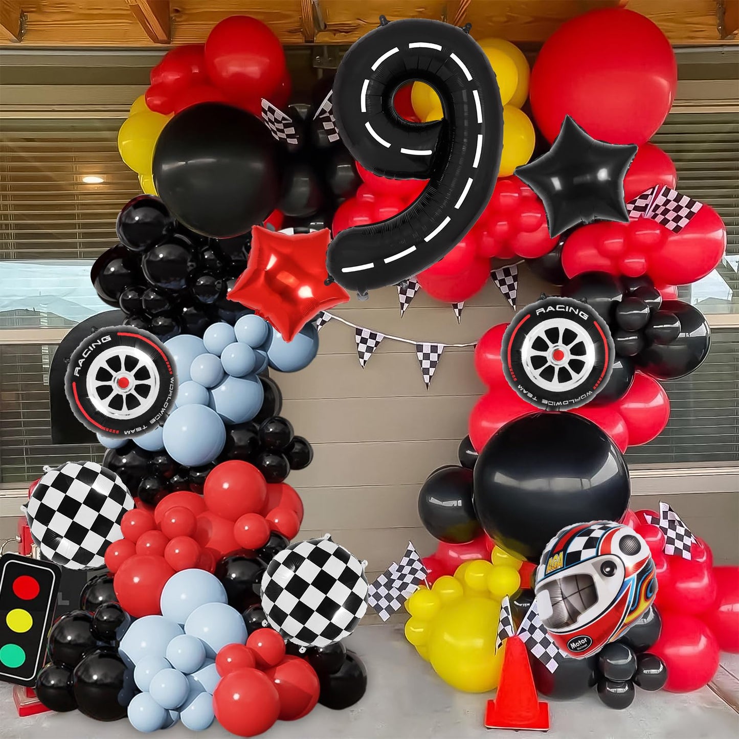Race Car 9 Balloons, 40 Inch Racetrack Number 9 Balloon, Large Foil Mylar Racetrack Black 9 Balloon For 9 Year Old Birthday Race
