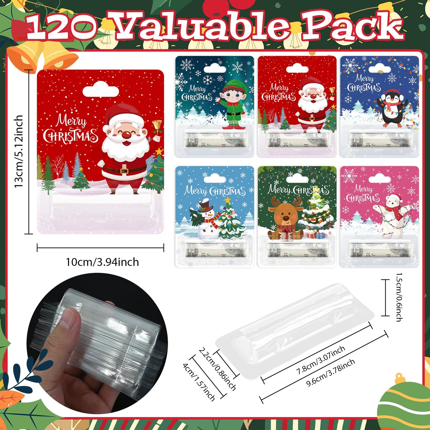 Stranthother 120 Pack Christmas Money Holders Cash Gifts Cards Ornaments Xmas With Plastic Cover Adhesive Pads Winter Holiday Pa