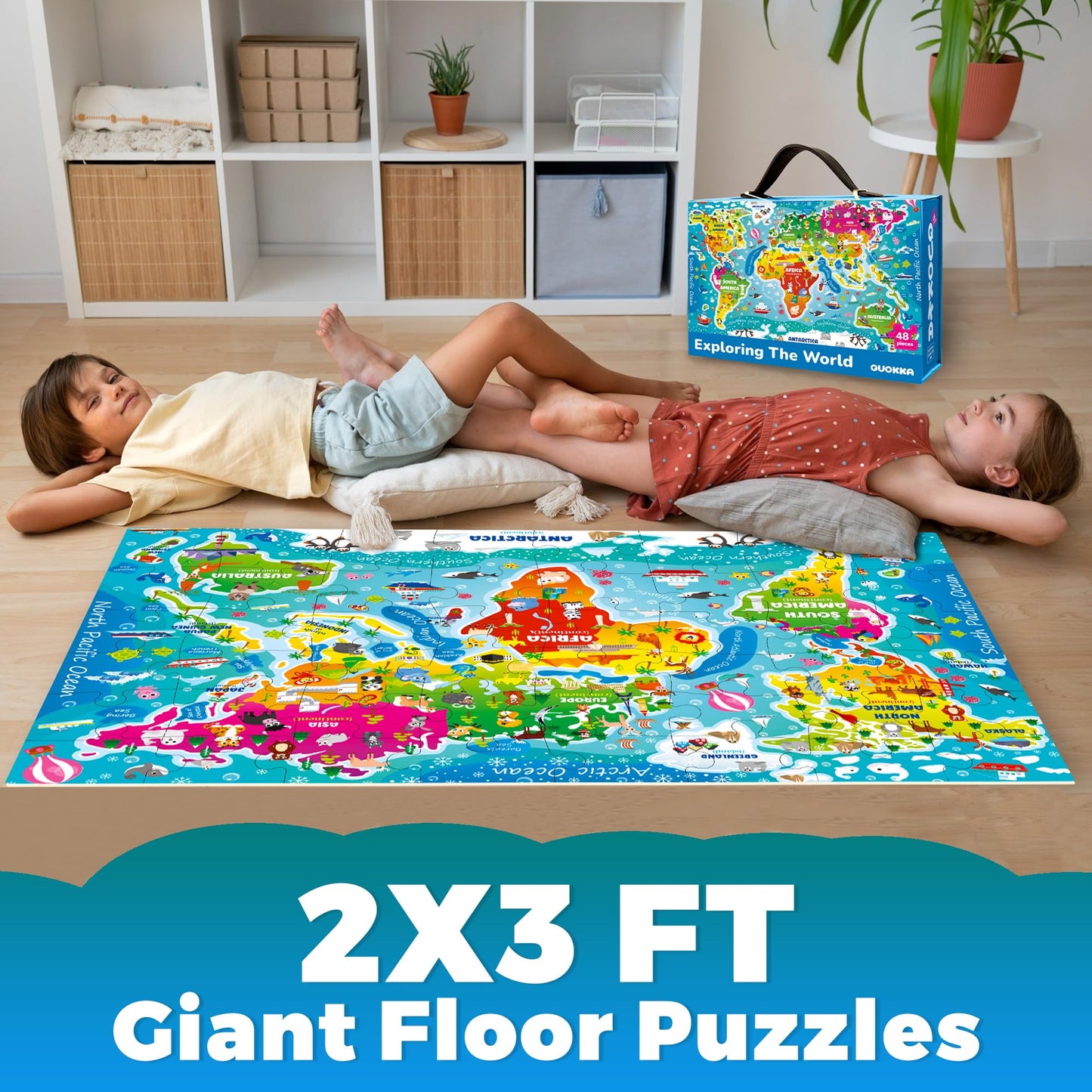 QUOKKA Giant Floor Puzzle for Kids Ages 4-6 - 2x3 Feet Extra-Thick 48 Pieces Toddler Puzzle Ages 3-5 - World Map Educational Activity for Boys Girls - enhanced Box with Sturdy Handle & Magnetic Closure