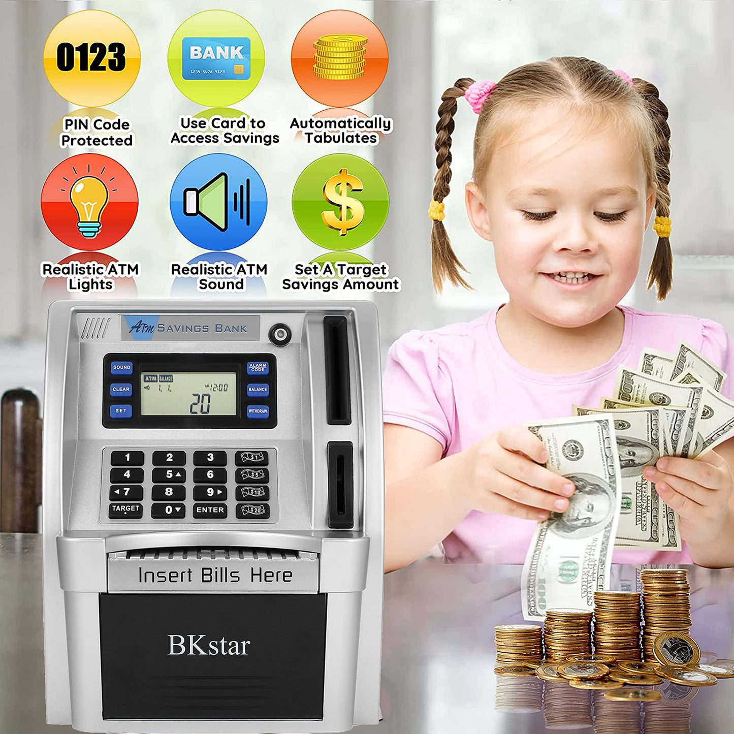 2024 Upgraded Atm Piggy Bank For Real Money Kids Adults With Debit Card, Bill Feeder, Coin Recognition, Balance Calculator, Digi