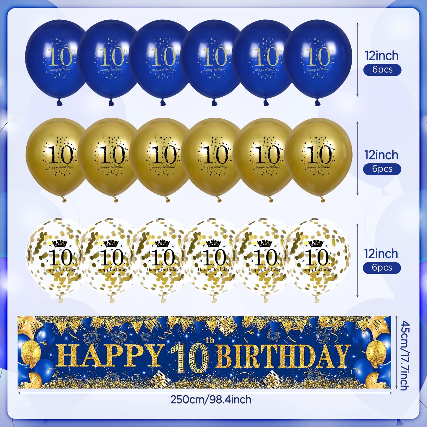 10Th Birthday Decorations For Little Kids Boys Girls Blue And Gold, Navy Blue Gold Birthday Party Yard Banner 18Pc Happy Birthday Balloon For 10Th Anniversary Birthday Christmas Supplies Outdoor Decor