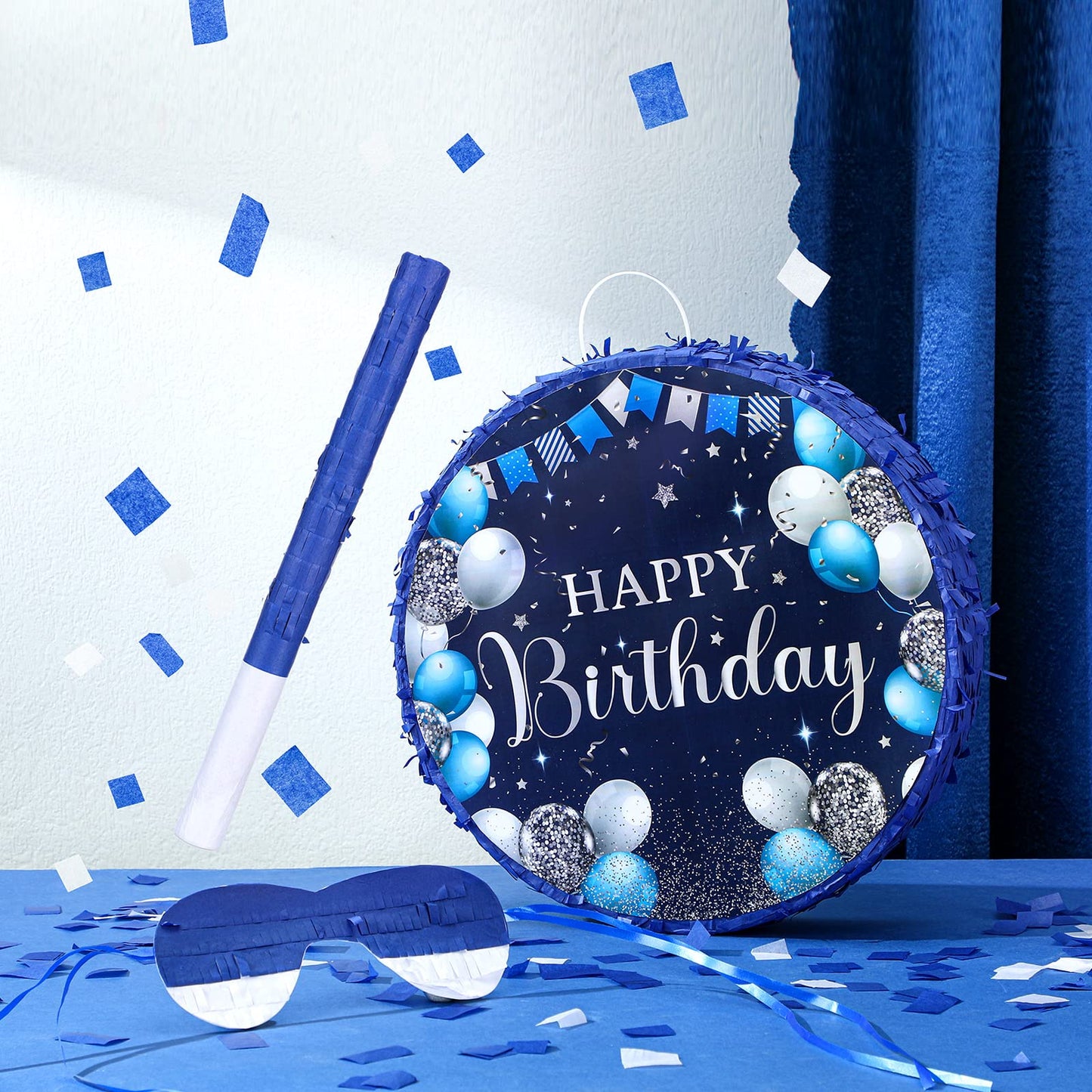 Sinmoe Birthday Piata with Stick Blindfold and Confetti for Boys Girls Men Women Birthday Party Supplies(Blue and Silver)