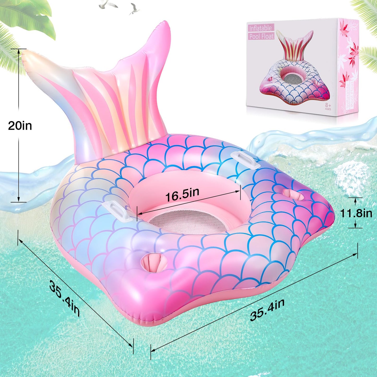Inflatable Pool Float Mermaid Tail Pool Floating Chair With Cup Holders, Backrest, Mesh Bottom And Handles Summer Water Fun Beac