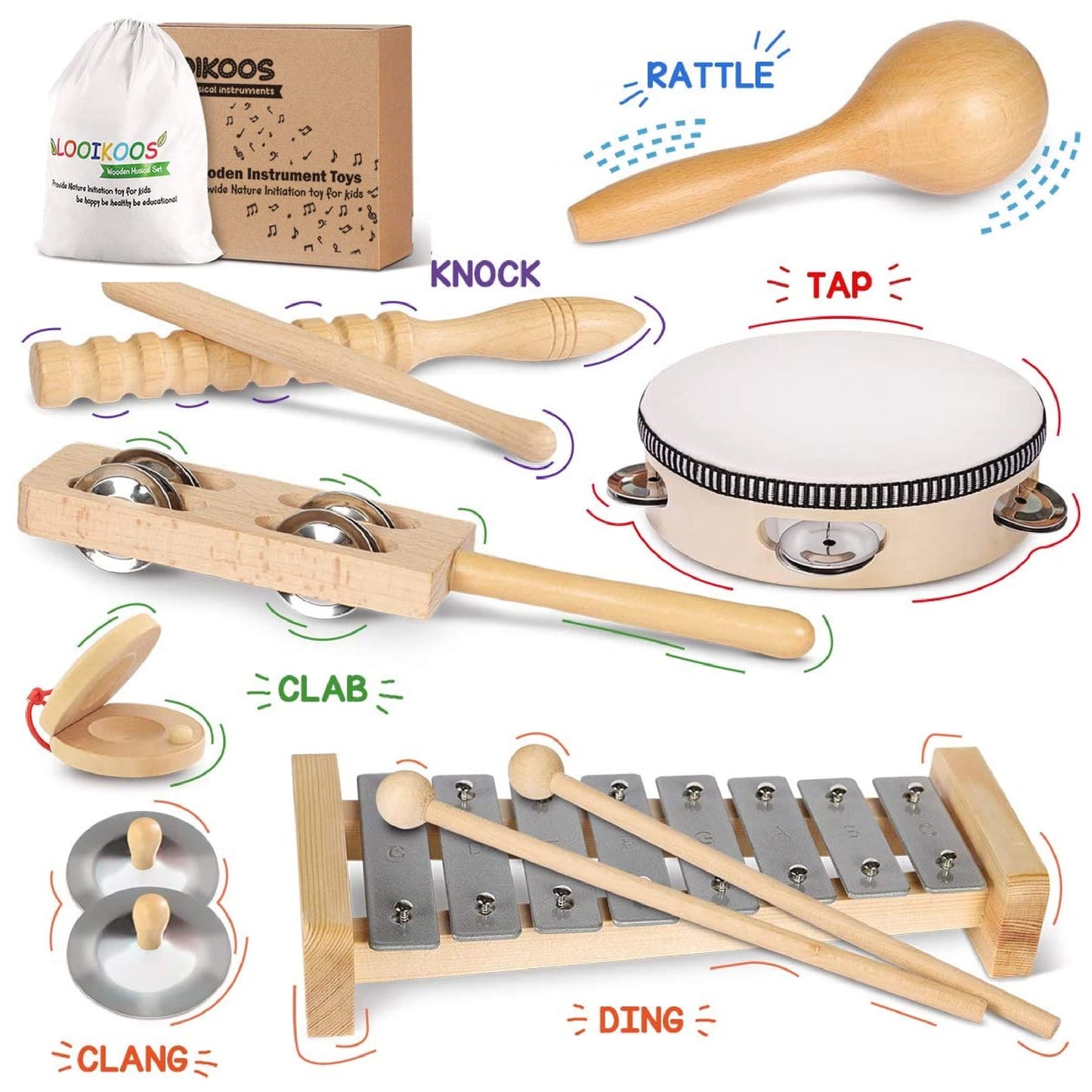 LOOIKOOS Wooden Toddler Musical Instruments Set, Eco-Friendly, 9" Percussion Toys for Kids, Natural Wood Color, Includes Storage Bag