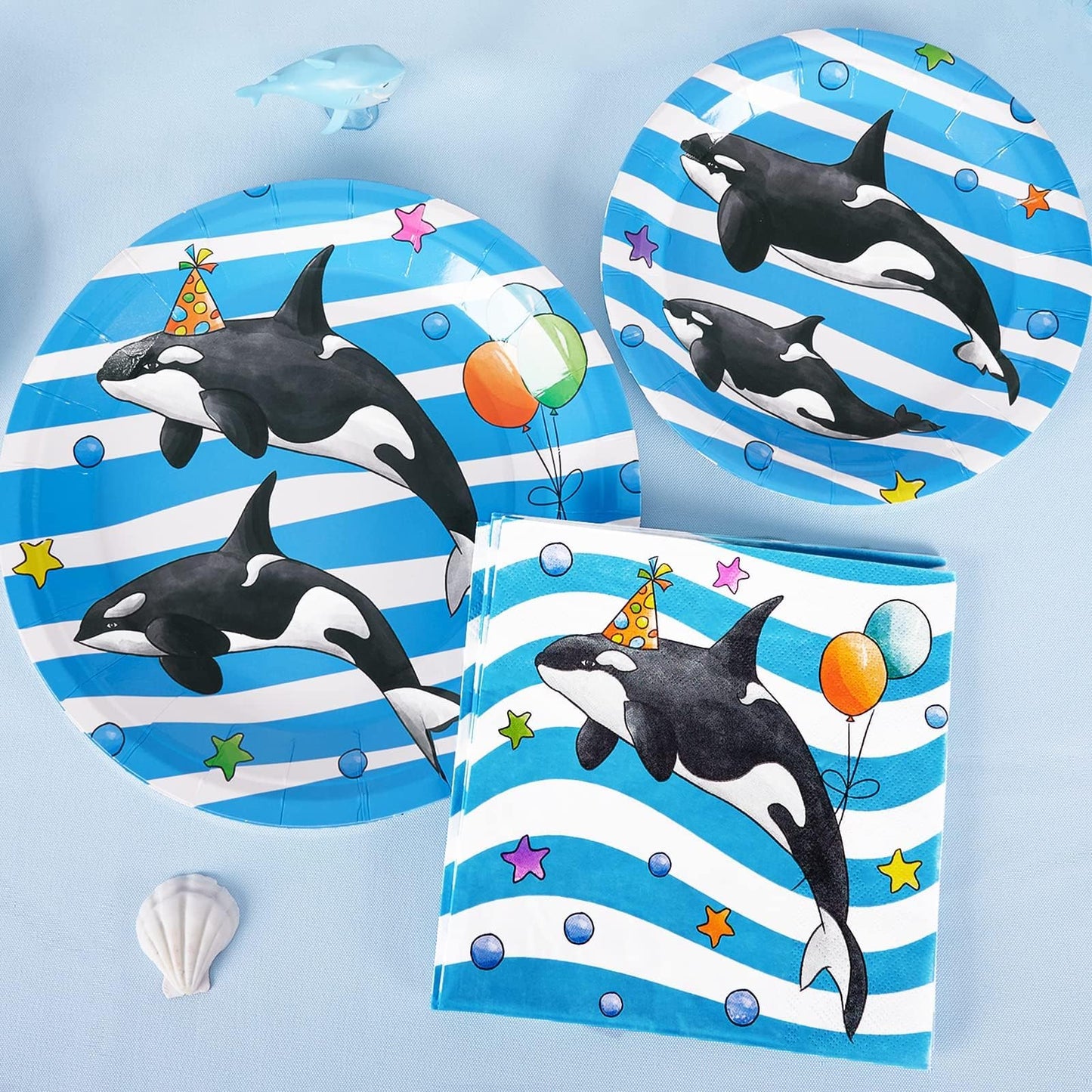 WERNNSAI Orca Party Plates and Napkins - 48 PCS Orca Birthday Party Supplies for Kids Blue Ocean Under the Sea Party Decorations