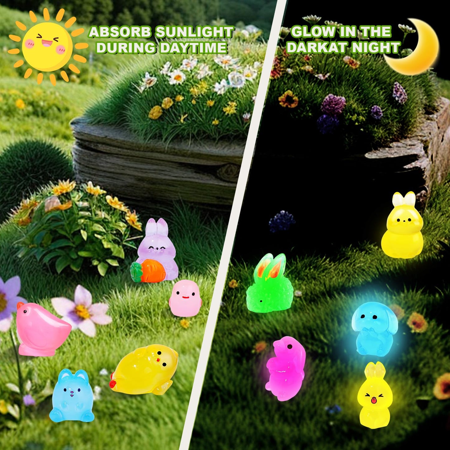 60Pcs Easter Luminous Mini Resin Figurines Miniature Figurines Tiny Small Easter Glow In The Dark Little Bunnies Chicken For Dol