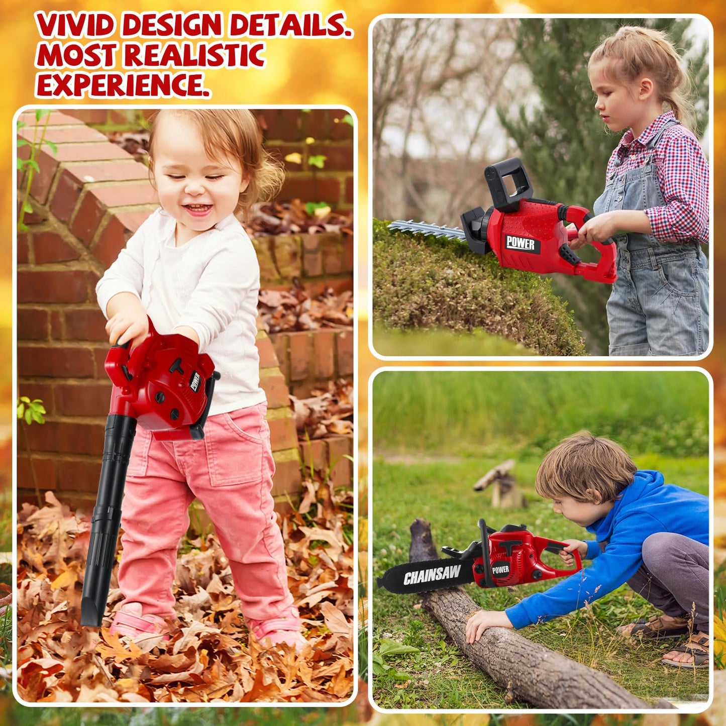 Arrowbash 4 Pcs Toy Gardening Tool Set for Kids Toy Leaf Blower Chainsaw Hedge Trimmer Push Lawn Mower Battery Play Set Christmas Birthday Party Gift for Boys Girls