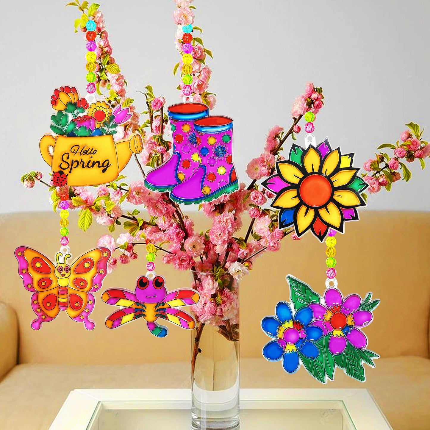 Ayhuhra 30 Sets Spring Flower Suncatcher Craft Kit Butterfly Sun Catcher DIY Window Paint Art Suncatcher Kits for Spring Summer