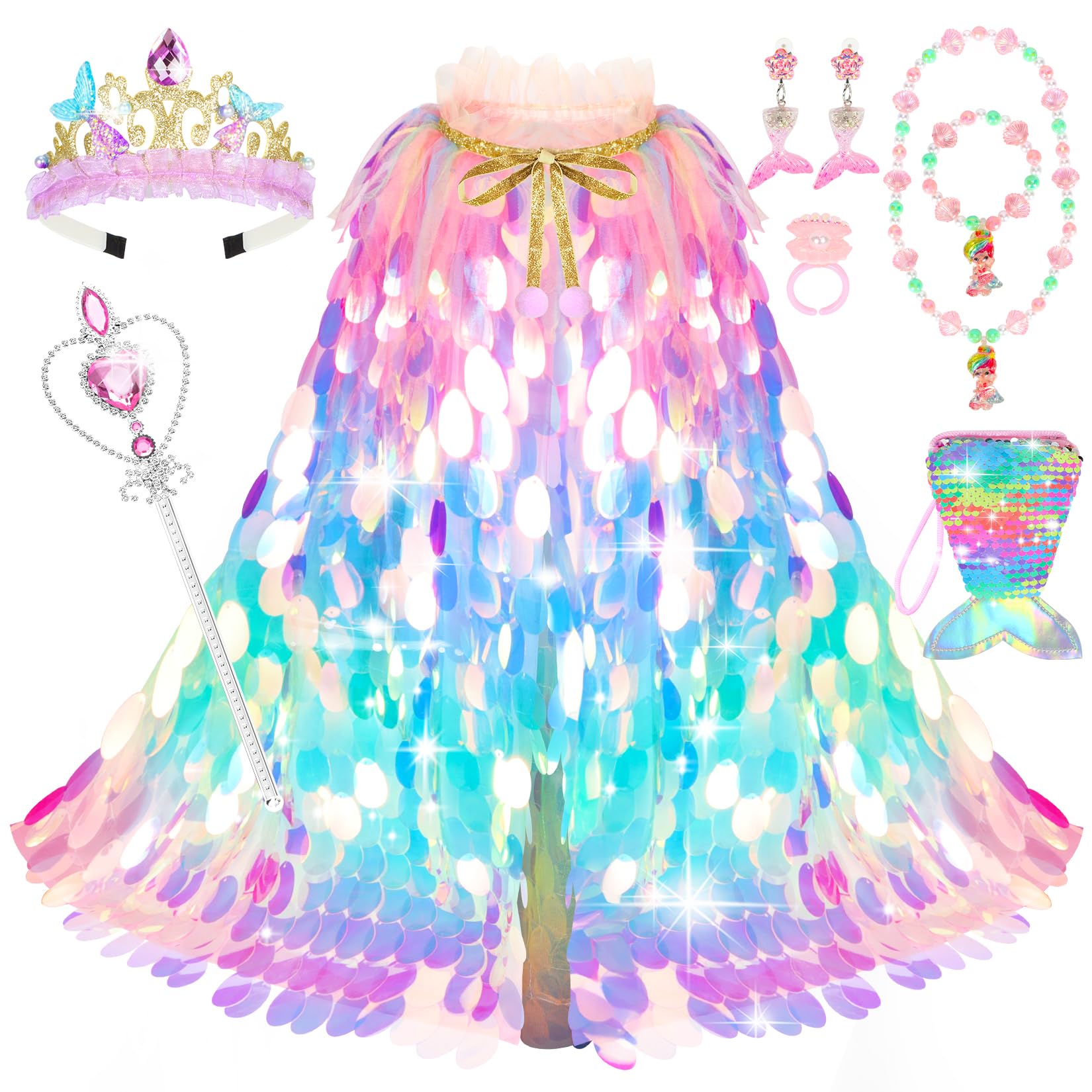 Princess Dress Up Toys Princess Dress Up Clothes Rainbow Mermaid Cape Kit 9 Pcs Gift Set For Little Girls 3-8 Years Old, Great G