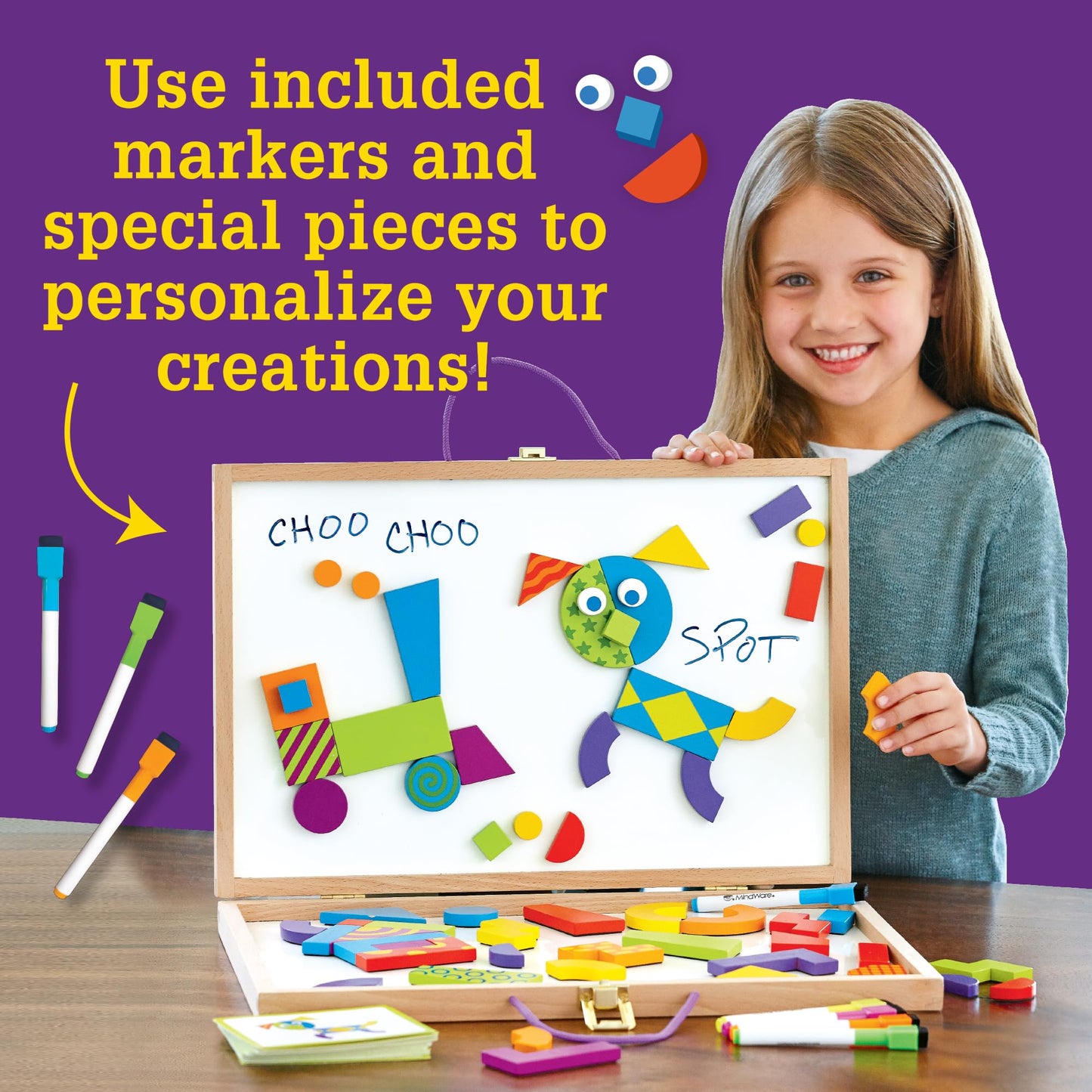 Mindware Imagination Magnets Patterns Deluxe - Includes Wood Carrying Case, Dry-Erase Markers, 60 Magnetic Blocks And 60 Puzzle Cards