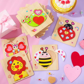 Capoda 12 Pack Valentines Animal Wooden Puzzles Wood Animal Jigsaw For Toddlers Montessori Preschool Learning Games Educational