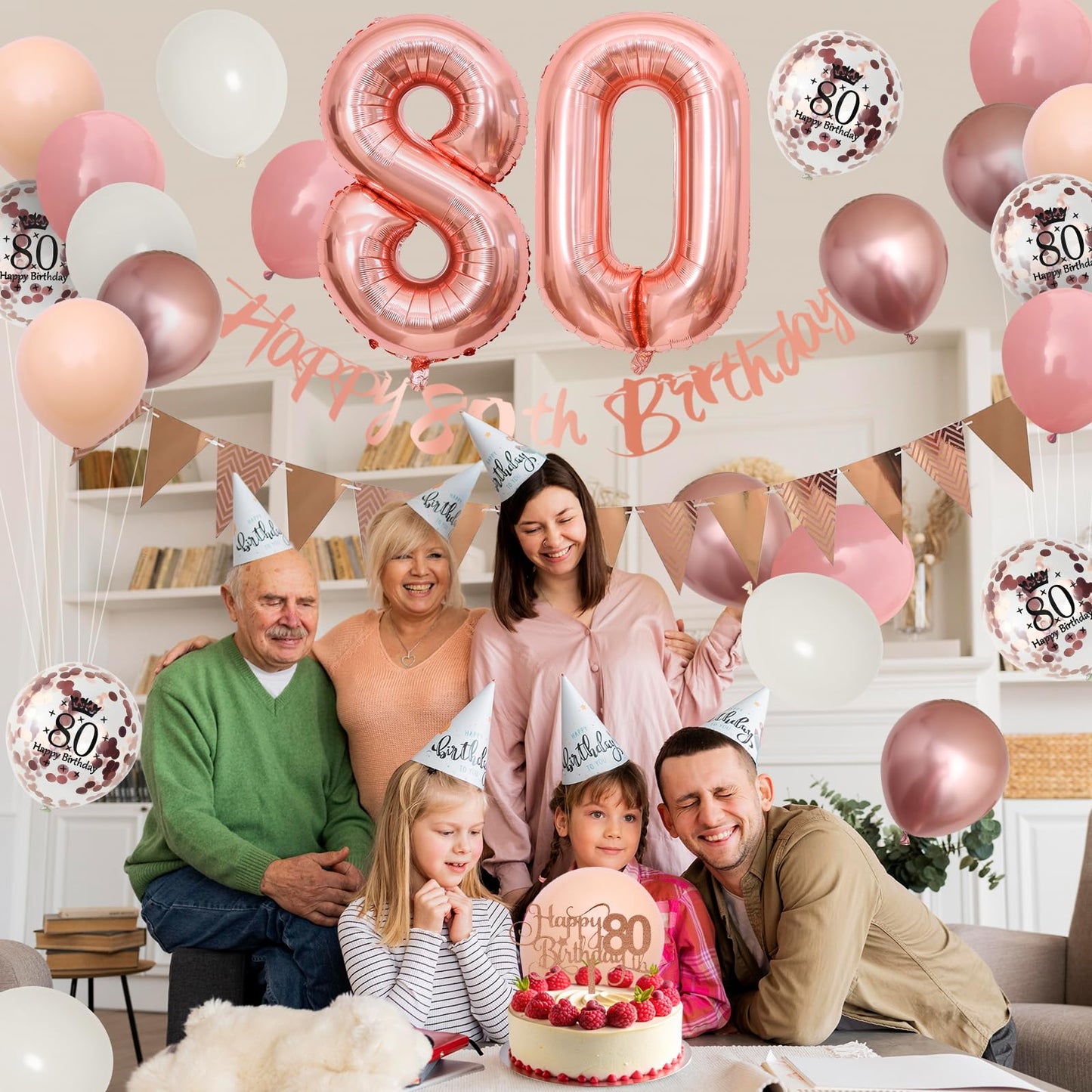 80Th Birthday Decorations Retro Pink Rose Gold,80Th Birthday Balloons,Happy 80Th Birthday Banner With Cake Toppers Rose Gold Num