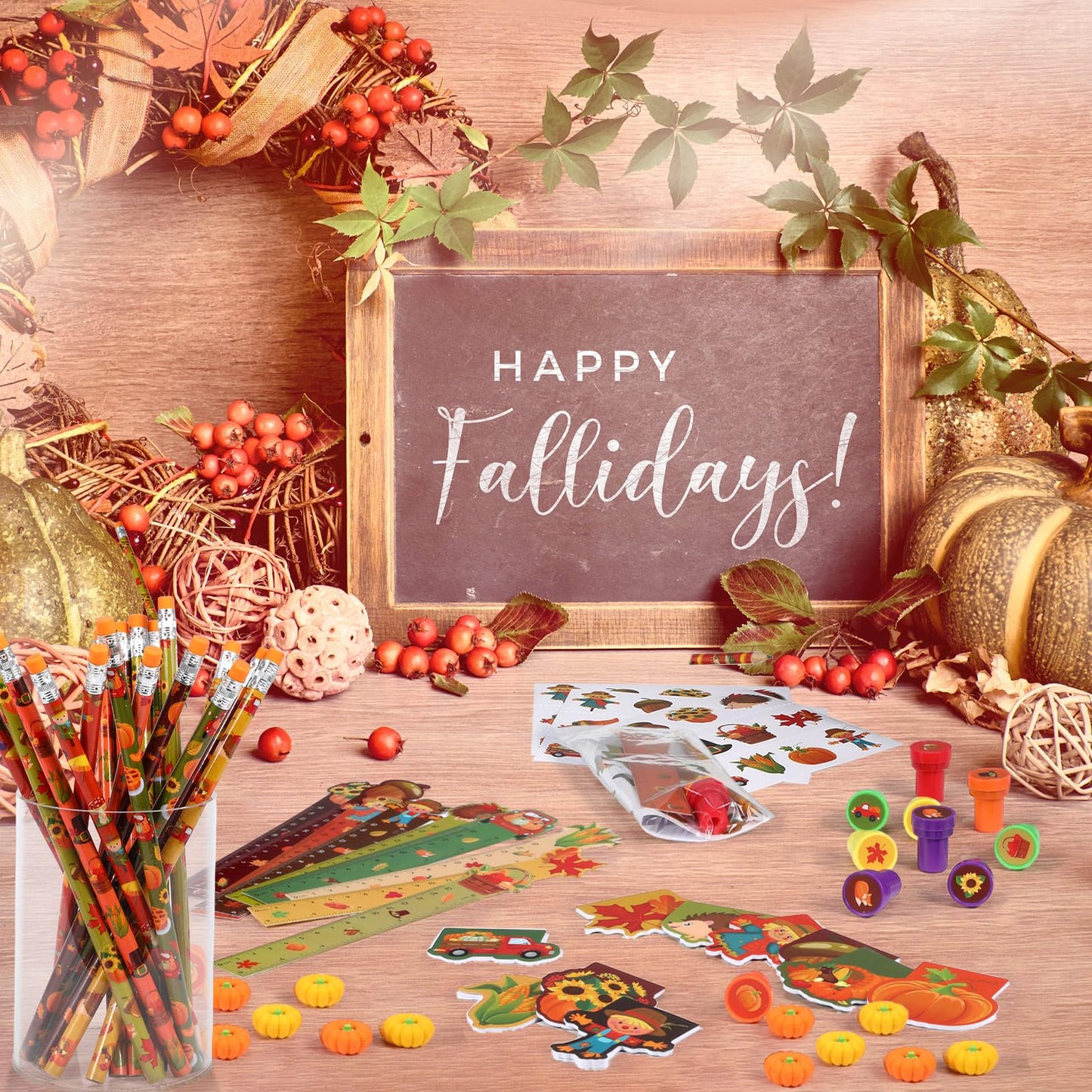 Cholemy 84 Pcs Fall Pumpkin Party Favor Thanksgiving Party Supplies Pumpkin Maple Stationery Set Notebook Sticker Stamper Eraser