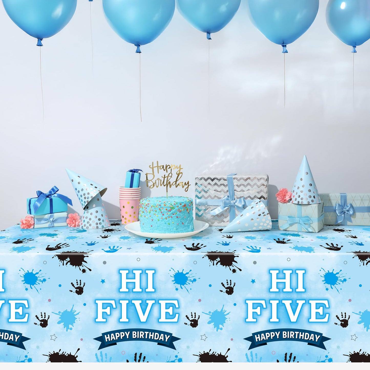 3Pcs Hi Five Party Tablecloths - Blue High 5 Year Old Party Table Covers Decorations 5th Birthday Rectangular Plastic Disposable