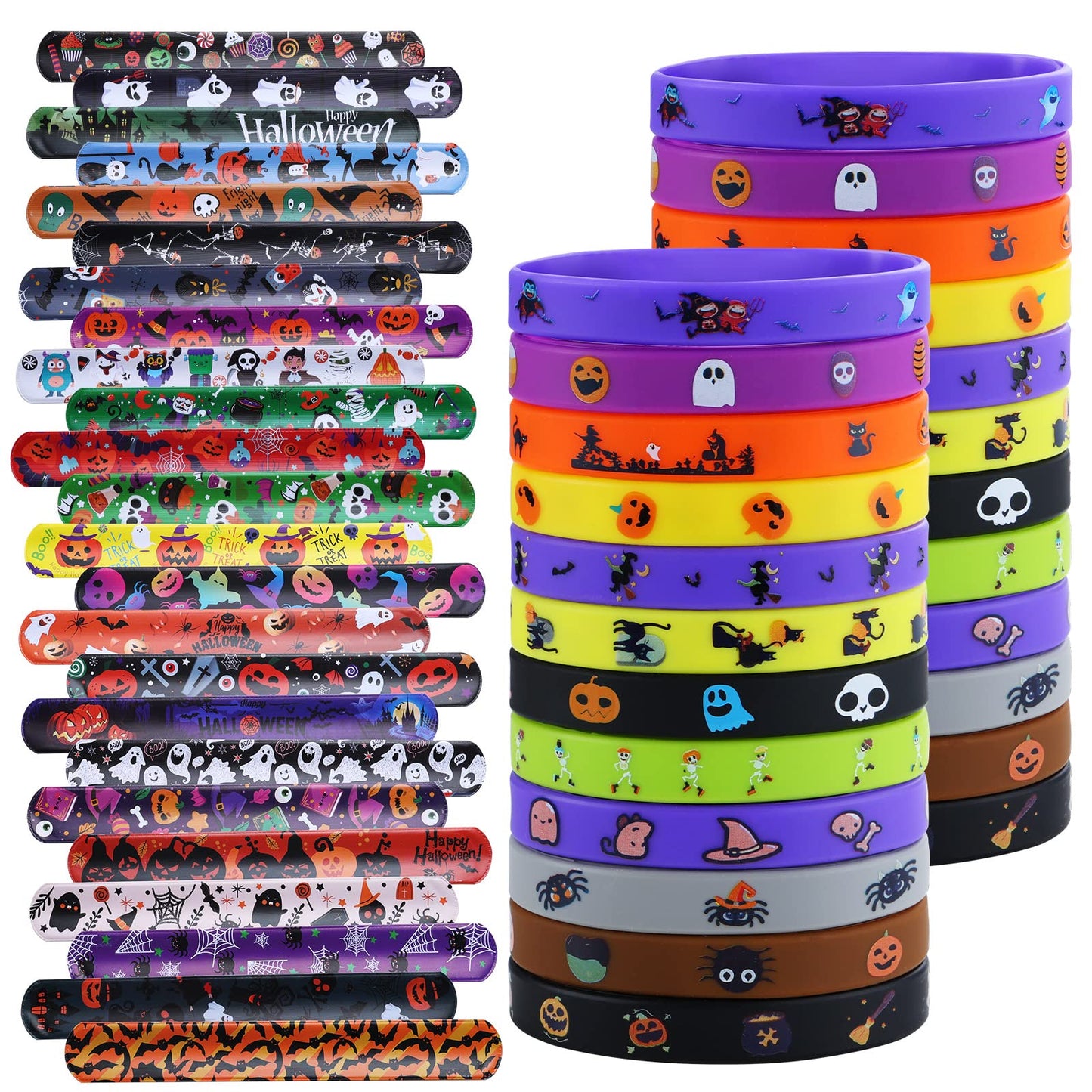 xutengy 48Pcs Halloween Party Favors Decorations Slap Bracelets Rubber Wristbands, Trick or Treat Party Favors, Classroom Prizes