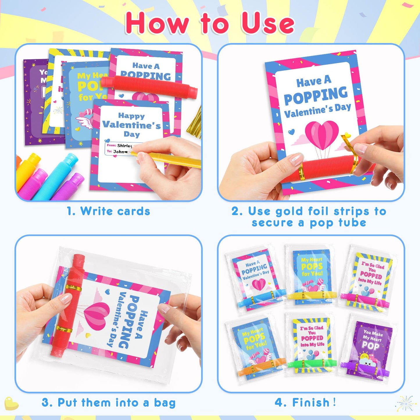 Lacchoufee Valentines Day Gifts Cards For Kids, 28 Pack Greeting Cards With Pop Tubes For Classroom Gift Exchange, Stress Fidget