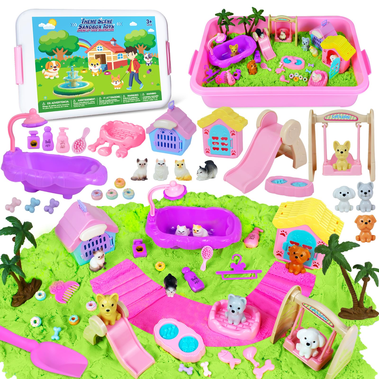 Pet Sensory Bin, Cat and Dog Sensory Bin for Toddlers Kids, Sensory Play Sand Art Kit Set with Sandbox & Tools & Pet Care Set, I