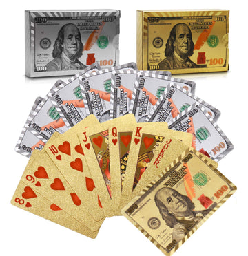 Joyoldelf Playing Cards, 2 Decks Of 24K Playing Cards With Dollar Pattern, Waterproof Playing Cards & Flexible Poker With Box - Classic Magic Tricks Tool For Party And Game, 1 Gold + 1 Silver