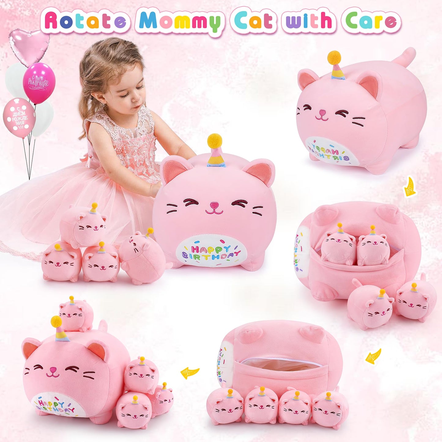 Pink Birthday Cat Plush, 5 PCS Cat Plush Stuffed Animal Family, 16'' Pink Cat Mommy White Cat with 4 Baby Kittens Cat Plushies,K