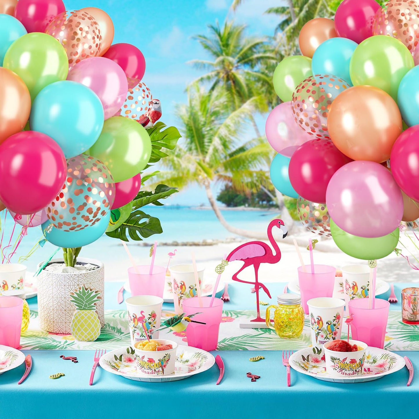 Tropical Party Balloons, 60 Pcs Hawaii Balloons, 12 Inch Hot Pink Teal Blue Latex Balloons Pearl Rose Gold Confetti Balloons For