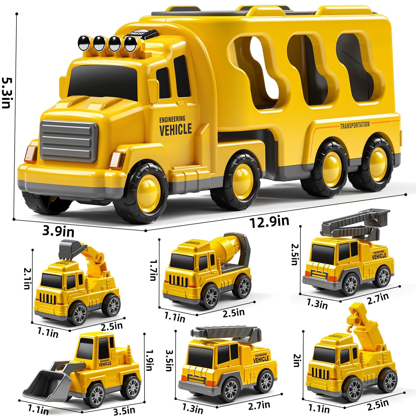 JUKUDAHU 7-in-1 Construction Truck Toys Sets for 3 4 5 6 Years Old Boys - Engineering Toys for Kids, Carrier Truck Toys for Boys