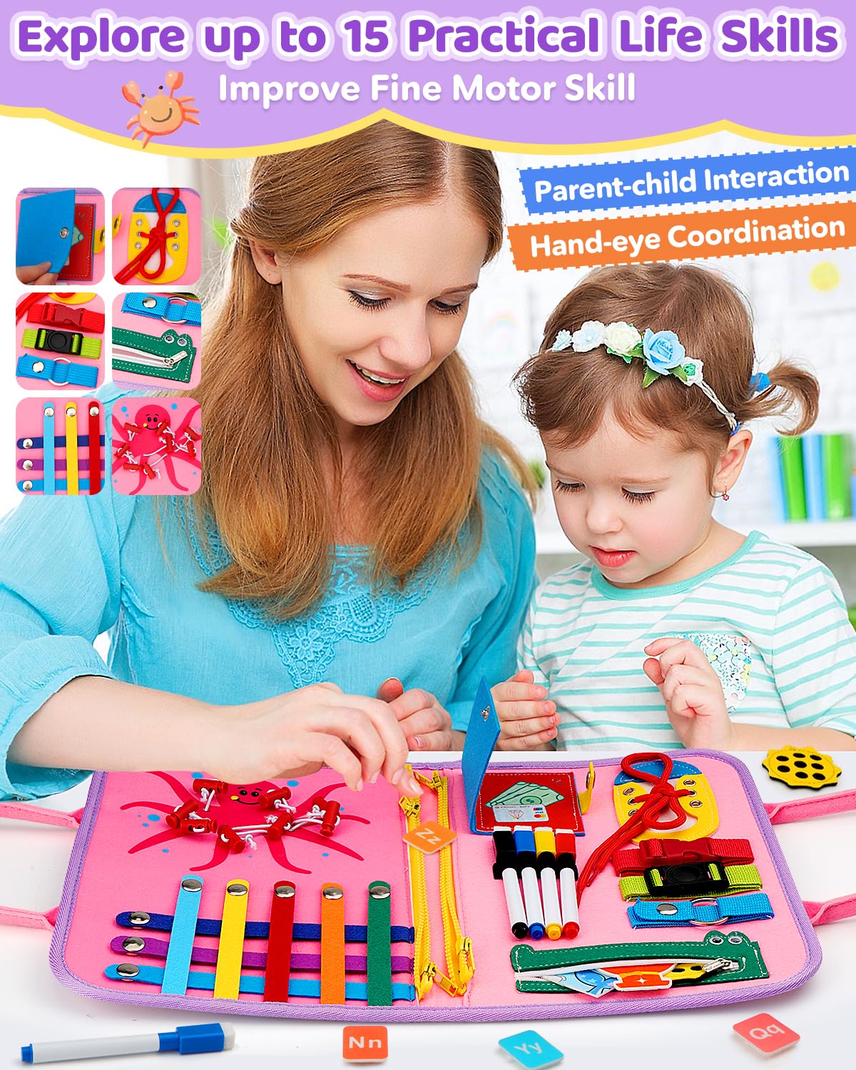 Safeli Toddler Busy Board, Montessori Toys For 1 2 3 Year Old Girl Birthday Gifts - Educational Busy Book, Kids Sensory Toy, Pre