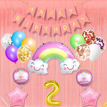 2Nd Rainbow Theme Happy Birthday Banner Decoration Light Pink For 2 Year Baby Boys Girls Kids 5 Pc Rainbow 10 Pc Multicolor Ball