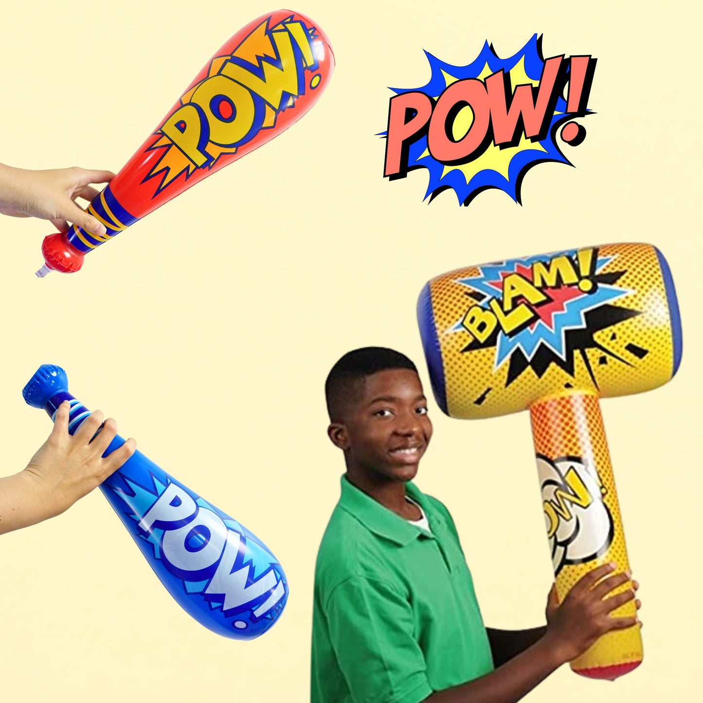 25 Pc Set, 12 Oversized 20 Pow Inflatable Baseball Bats, 12 Punch Balloon, 1 Huge 30 Bopper - for Superhero Theme Birthday Par