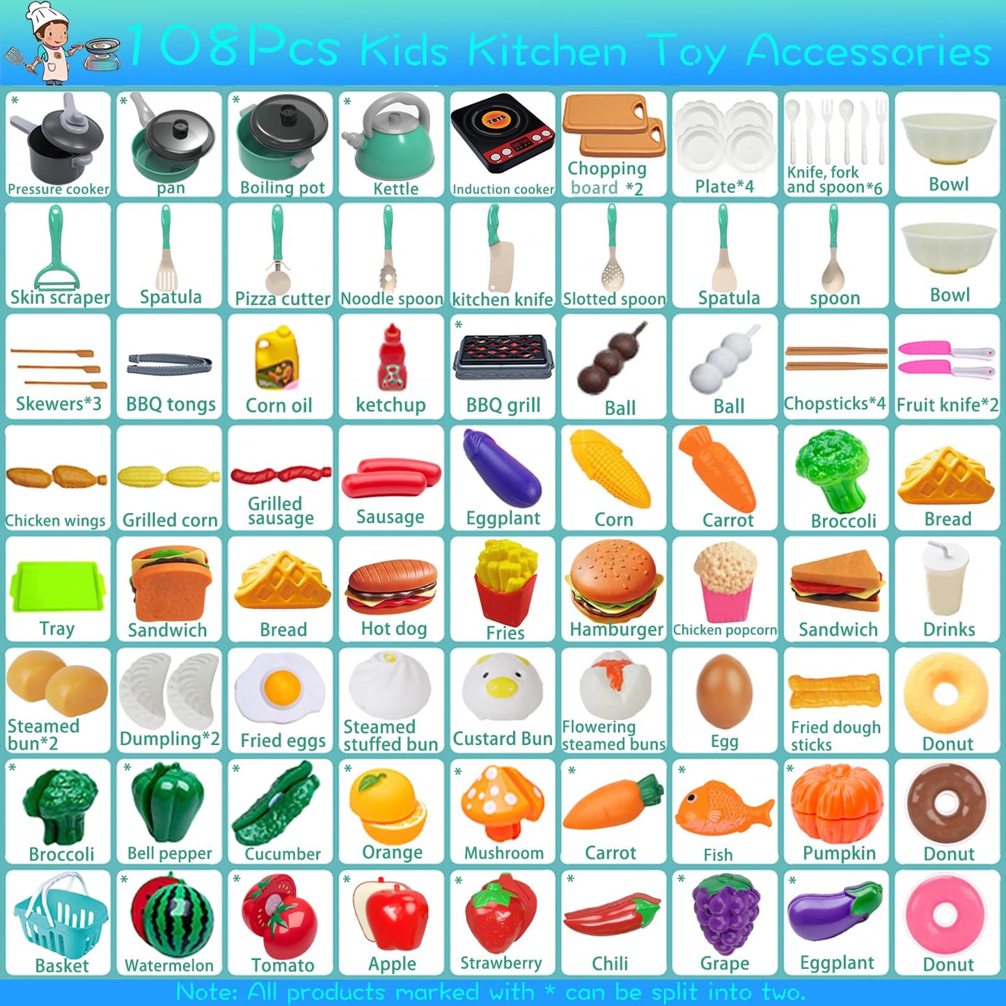 Lpluziyyds 108Pcs Kids Kitchen Toy Accessories, Toddler Pretend BBQ Camping Cooking Playset, Utensils Cookware Toys, Play Food S