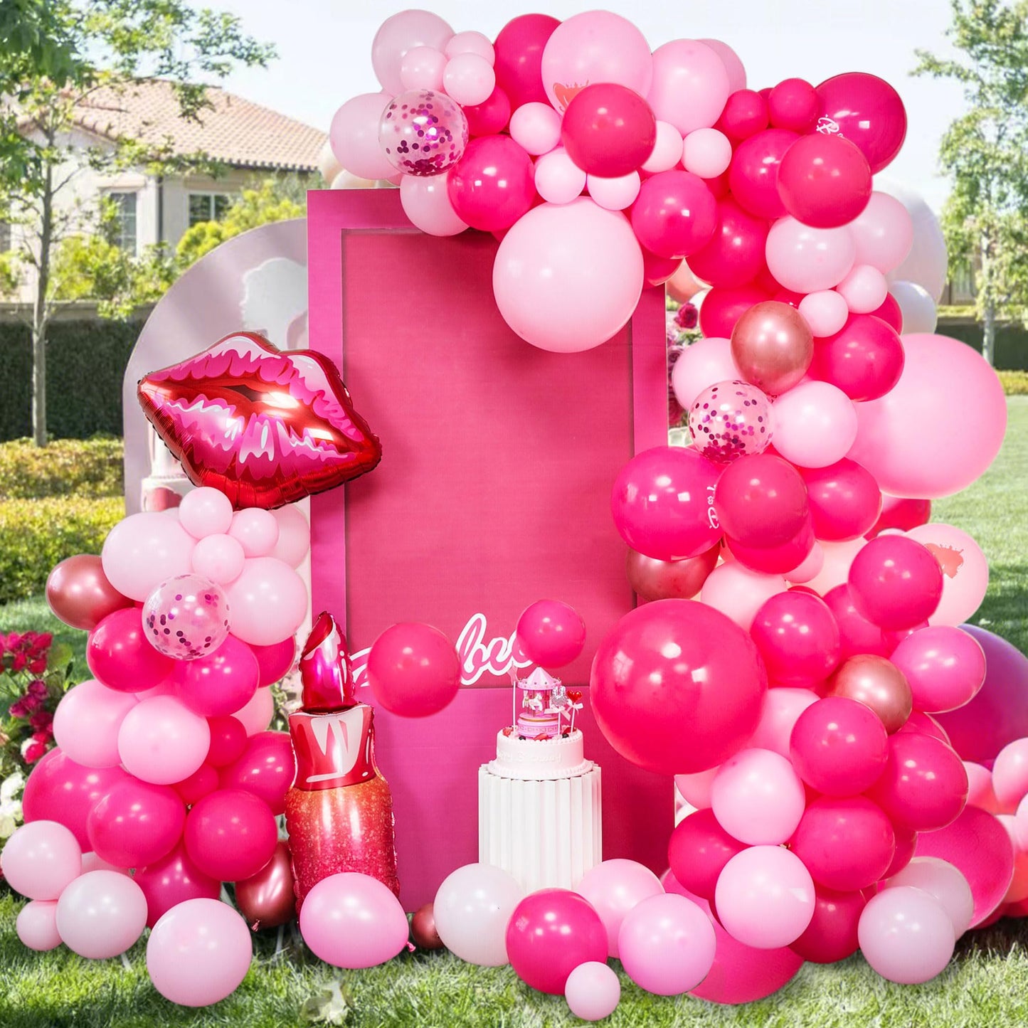 Saneryi 147Pcs Pink Balloon Garland Arch Kit For Girls Birthday Party Supplies Set Red Lips And Lipstick Foil Mylar Kiss Balloon