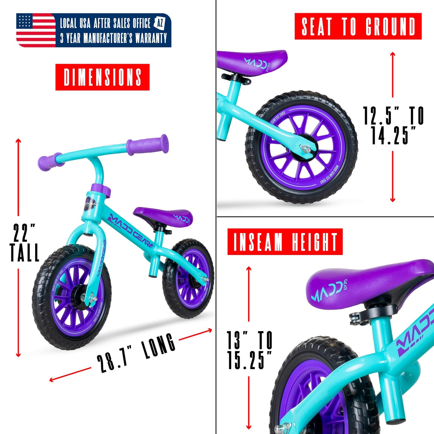Madd Gear Toddler Balance Bike - Lightweight No Pedal First Bike For Ages 18 Months To 4 Years - Adjustable Seat - 10'' Maintena