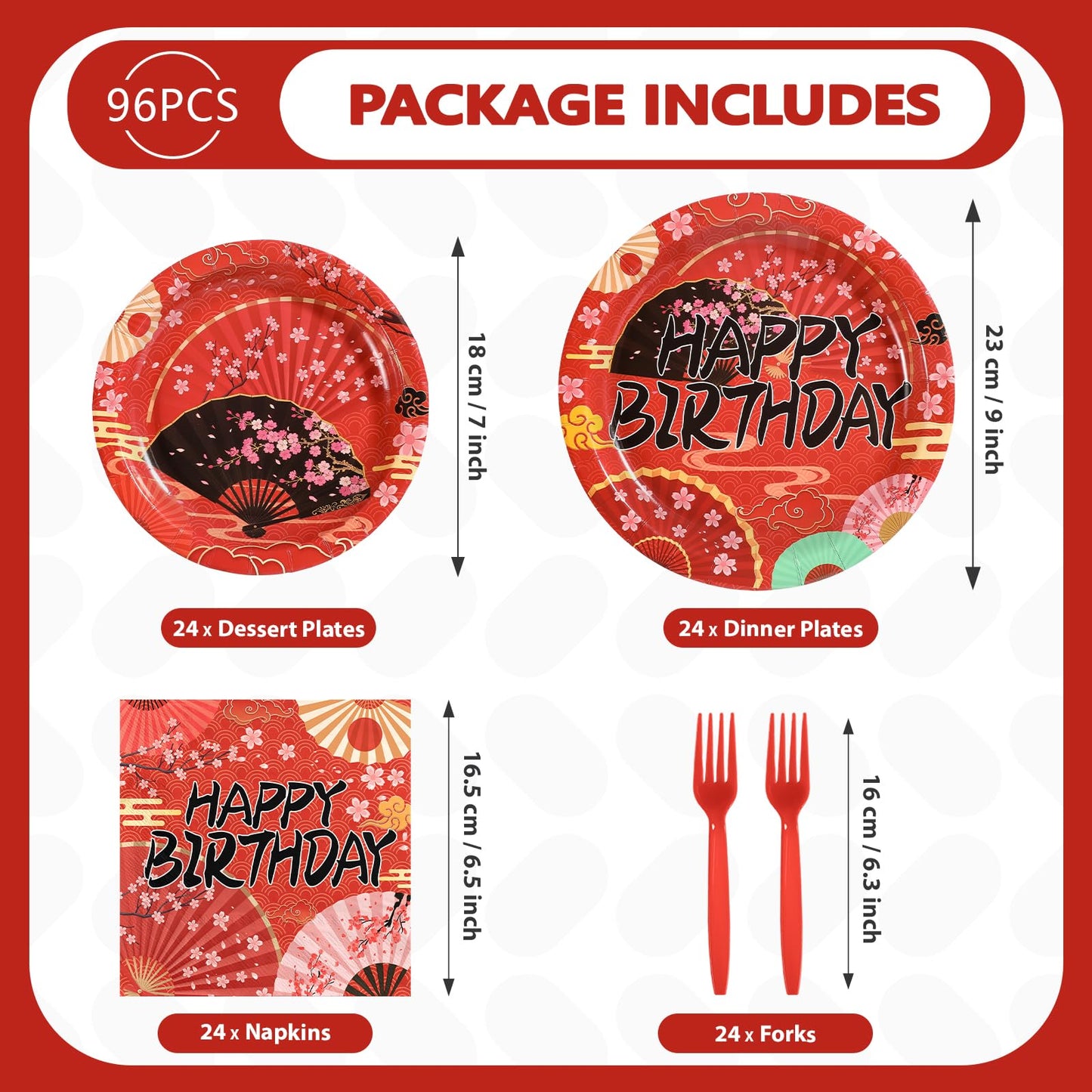 Grencian 96 Pcs Hibachi Party Decorations Folding Fans Birthday Party Supplies Disposable Japanese Fans Paper Plates Tableware f