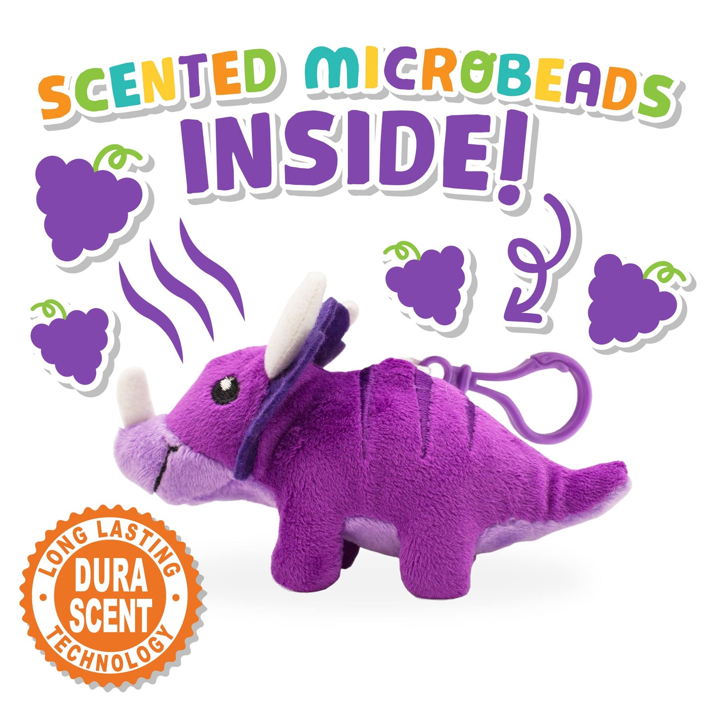 Scentco Dino Dudes Backpack Buddies - Patented Gourmet Scented Plush Toy Dinosaur Clips - Triceratops (Grape) - Stocking Stuffer