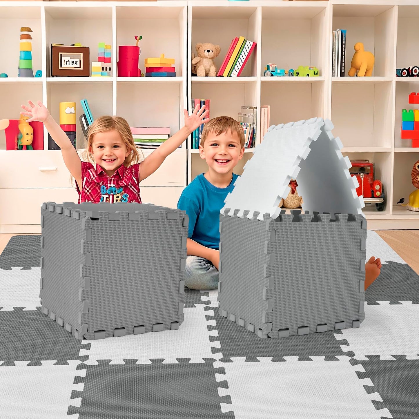 16Pcs Baby Play Mat for Floor  Foam Floor Tiles for Kids with Interlocking  Squares Foam Puzzle Carpet for Playroom  Crawling Rug for Babies 6-12 Months Toddlers 11.8 * 11.8 * 0.6In Each Grey White