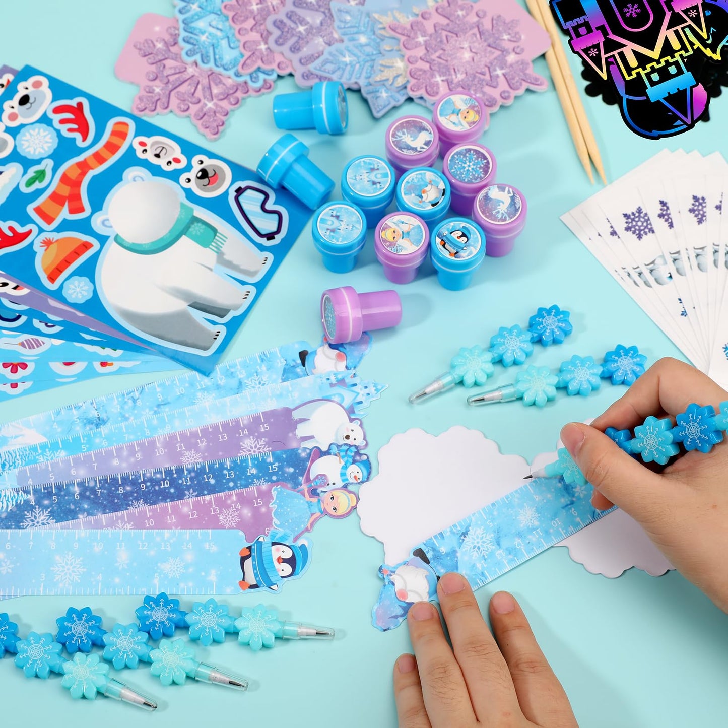 BenLouis 216Pcs Frozen School Stationery Party Favors Winter Snowflake Themed Classroom Gift Reward Prizes Bulk for Students Kid