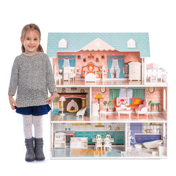 Robud Wooden Dollhouse For Kids Girls, Toy Gift For 3 4 5 6 Years Old, With Furniture